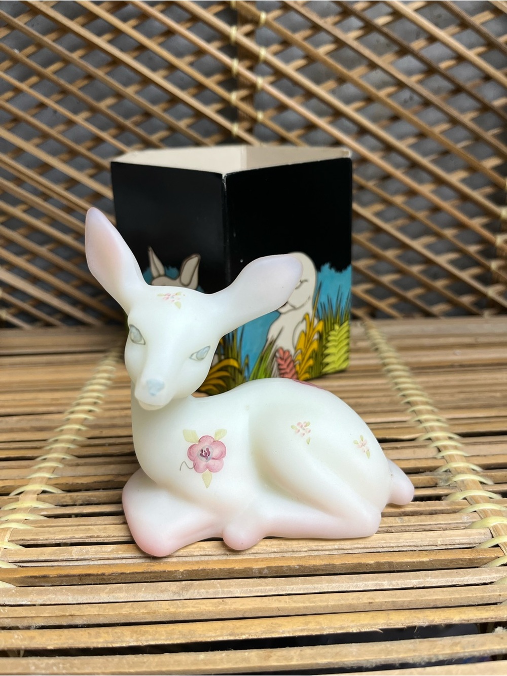 Fenton Glass Deer Figurine Hand Painted White W/Berries And Blossoms Signed Box